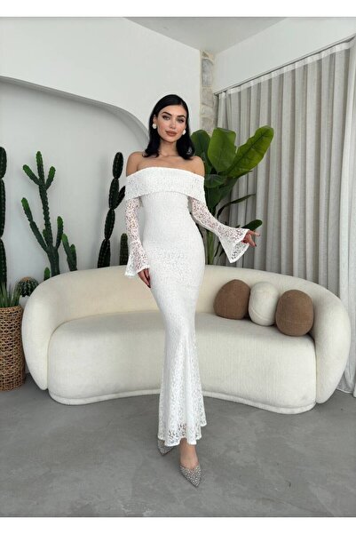 Julidress Beyaz Madonna Yaka Astarlı Nişan Davet Premium Dantel Elbise