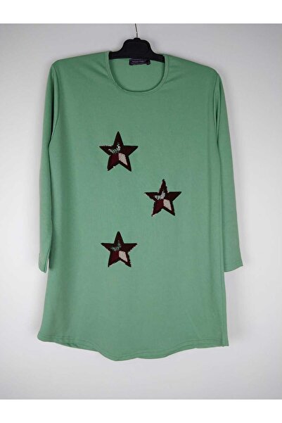 YAŞAR TRİKO Жіноча туніка з довгими рукавами, зеленого кольору, з коміром-стійкою, з вишитим зірками, двоколірна