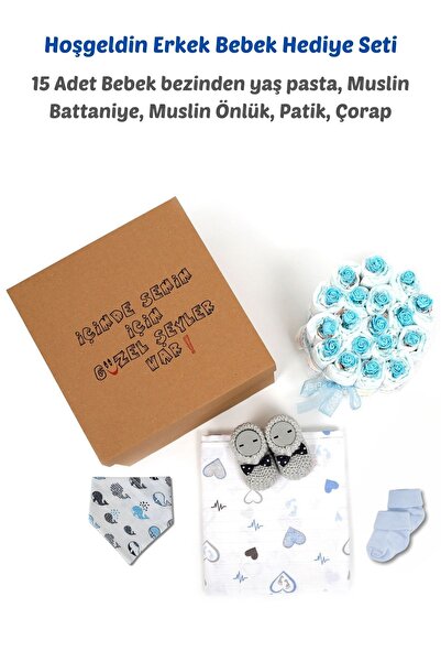 Bebek Bezinden Yaş Pasta, Muslin Battaniye, Muslin Önlük, Yeni Doğan Hediye Seti