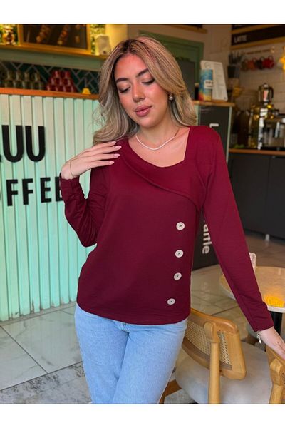 İpeksi Silky Women's Long Sleeve Geometric Collar Detail Side Button Viscose Two Thread Blouse