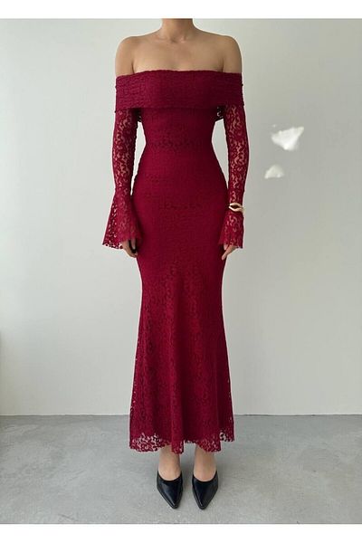 Julidress Burgundy Madonna Collar Lined Premium Lace Dress