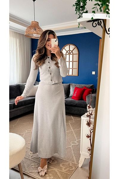 MRA Fashion Women's Long Sleeve Front Buttoned Blouse and High Waist A-Line Long Skirt Ribbon Camisole Ik