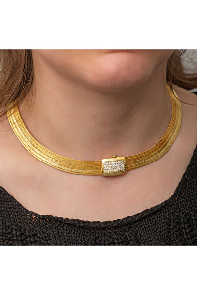 Gumush Gümüş Gold Zirkon Taşlı Trabzon Hasır Kadın Kolye