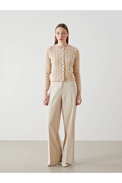 LC Waikiki Beige Crew Neck Self Patterned Women's Knitwear Cardigan