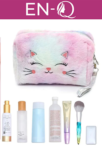 ENQ حامل قلم فروي بسحاب ذو سعة كبيرة - حقيبة مكياج مختلطة للقطط والحب
