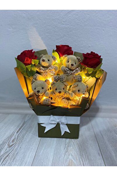 Avşinbutik Yapay gül ledli ayıcık buketi