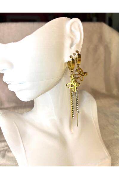 Silay Kelebekli Taş Detaylı Zincirli Kararmaz Çelik Küpe