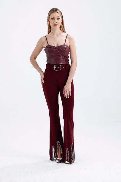 Sense Burgundy Evening Pants - Belted and Stone Detailed |   Pnt35061