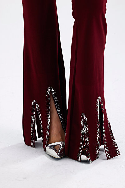 Sense Kemerli Taş Detaylı Abiye Pantolon | Pnt35061 Bordo