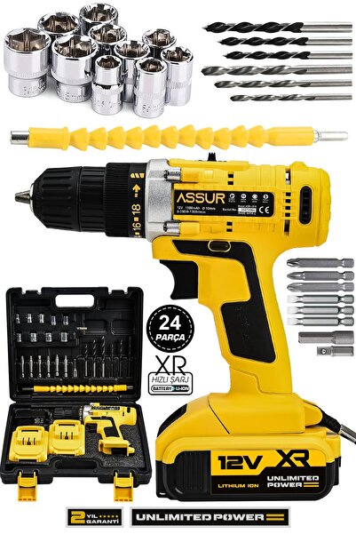 ASSUR 12v Çelik Şanzıman Bakır Sargılı Şarjlı Matkap Çift Akülü Vidalama