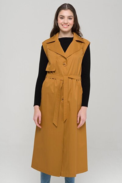 Olcay Unlined Vest with Cape and Epaulette Detail, Water Repellent, Hardal 8215