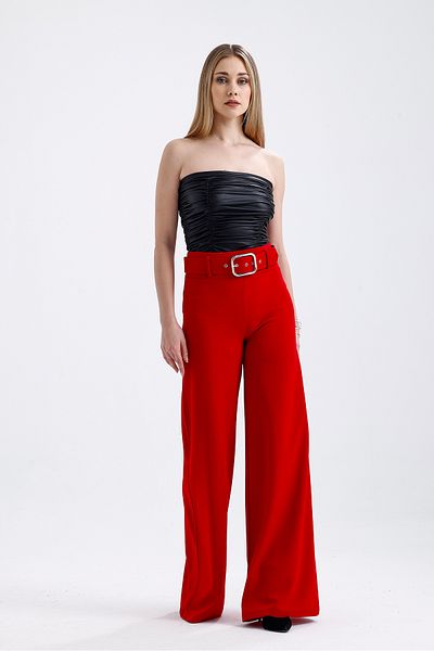 Sense Spanish Leg Scuba Crepe Trousers with Fabric Covering Belt on the Sides |   Pnt33393 Dark Red