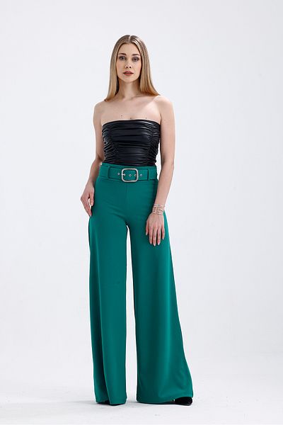 Sense Scuba Spanish Leg Pants with Crepe Belt - Fabric Covering on the Sides |   Pnt33393 Green