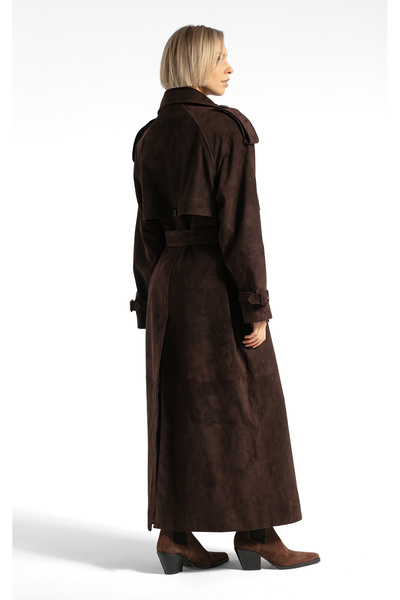 laulei %100 Gerçek Deri Uzun Kahverengi Trençkot