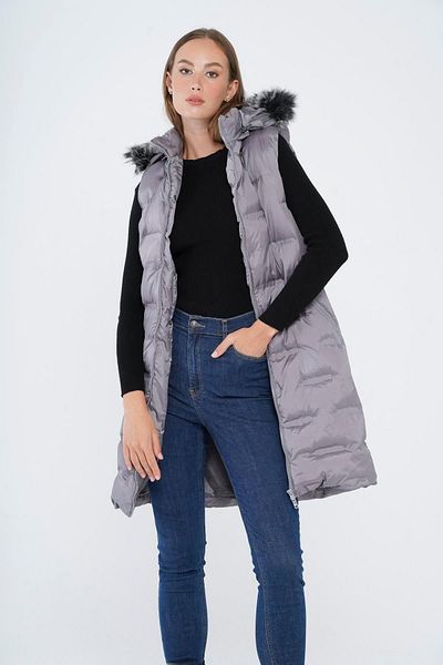 Olcay Removable Hooded Patterned Puffer Vest Gray 8210