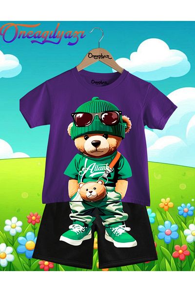 oneagılyazı 3D Dog Printed Children's Oversize T-Shirt and Shorts Set