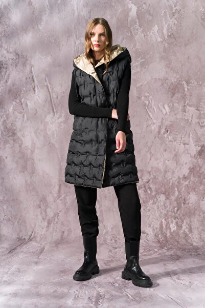 Olcay Hooded Double-Sided Patterned Puffer Vest Black-stone 8208