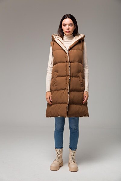 Olcay Hooded Double-Sided Inflatable Vest Taba-Taş 8191