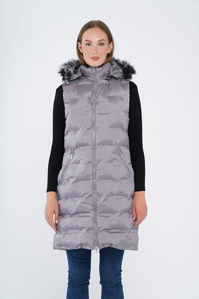 Olcay Removable Hooded Patterned Puffer Vest Gray 8210