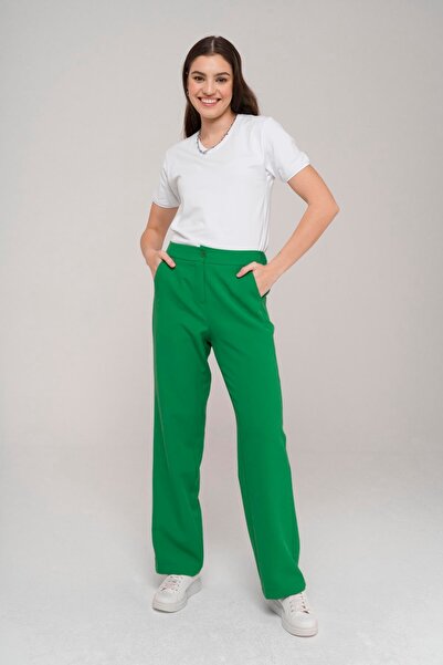 Olcay Barka Elastic Waist Straight Leg Trousers Green 7558
