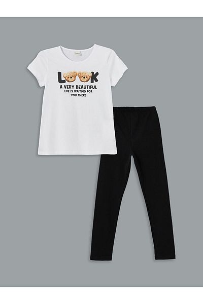 LC Waikiki Lcw Eco Black Crew Neck Printed Girls' T-Shirt and Leggings