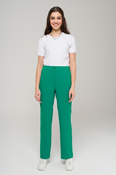 Olcay Elastic Back Waist Straight Leg Trousers Green 7561