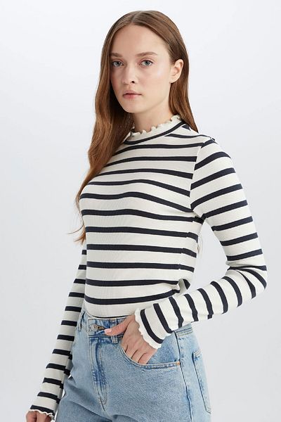 DeFacto Gestreiftes Langarm-T-Shirt mit halbem Rollkragen C5403ax25sp