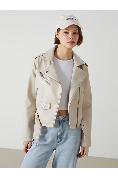 LC Waikiki سترة نسائية مظهر جلدي ذات ياقة راكب الدراجة النارية من إكرو