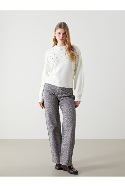 LC Waikiki Ecru Crew Neck Stoned Women's Knitwear Sweater