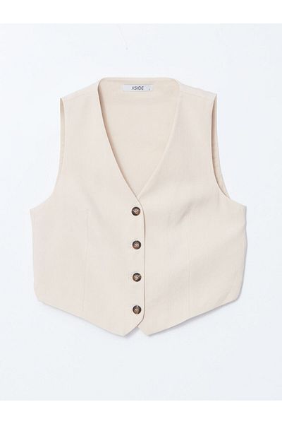 LC Waikiki New Season V-Neck Linen Mixed Women's Classic Vest - S5Gt46Z8
