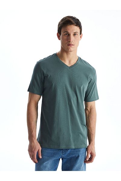 LC Waikiki Green V-Neck Short Sleeve Combed Cotton Men's T-Shirt