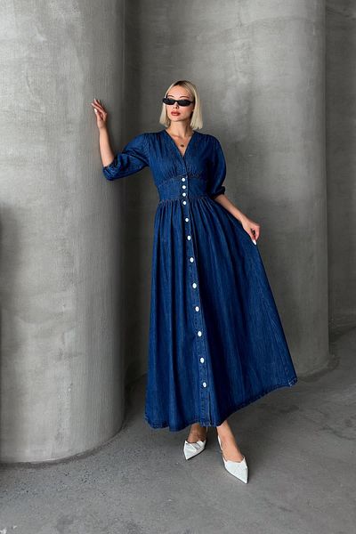 Olcay Rochie de denim albastru închis cu decolteu în V - cu corset și închidere cu capsă 9254-E
