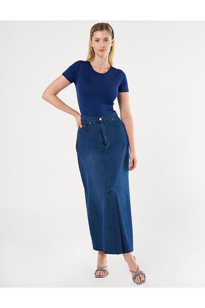 Kayra Fusta de denim cu talie înaltă bleumarin
