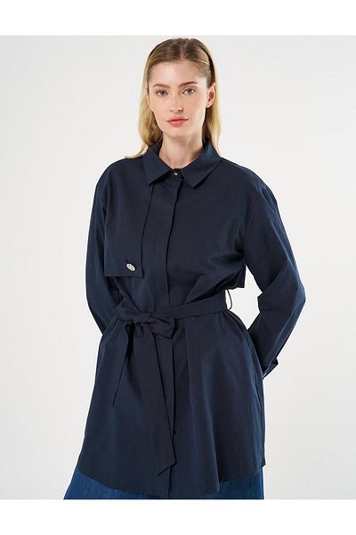 Kayra Shiny Button Detailed Cotton Tunic Dark Navy Blue