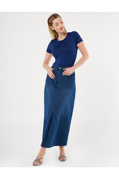 Kayra Fusta de denim cu talie înaltă bleumarin