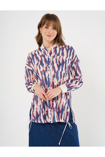 Kayra Navy Blue College Collar Printed Tunic