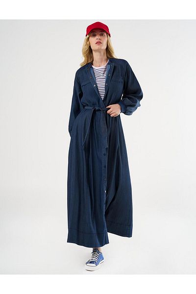 Kayra Rochie din denim bleumarin - Buzunar cu clapă
