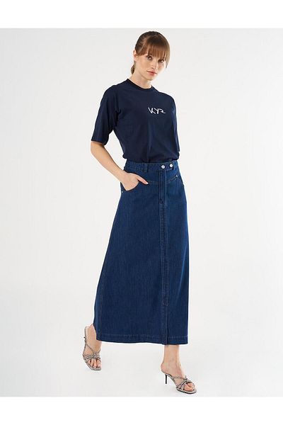 Kayra Fusta clopot din denim bleumarin - Detaliu cu nasturi