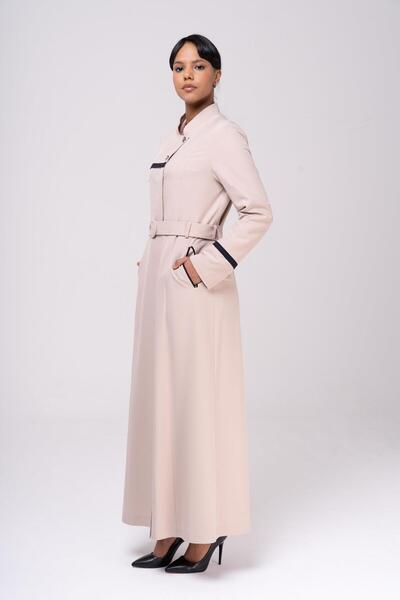 Olcay Lined Top Coat with Judge Collar Garnish and Accessory Detail BEIGE 6550