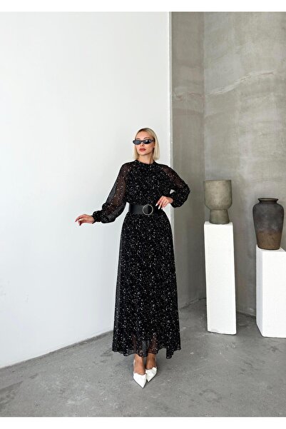 Olcay Černé šifonové šaty - pásek a šňůrka v pase vzor 9245-E