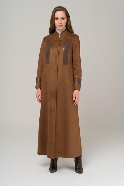 Olcay Judge Collar Leather Detailed Suede Look Topcoat TABA 6520