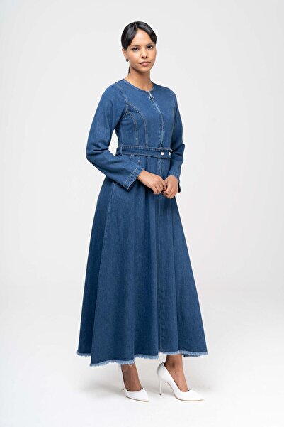 Olcay Τζιν φόρεμα με φερμουάρ Zero Collar Λεπτομερές τζιν φόρεμα μέσης σκούρο μπλε 9220-e