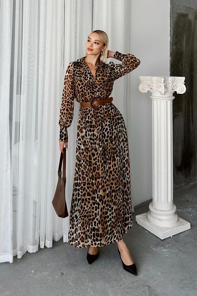 Olcay Φόρεμα σιφόν με Leopard Print V λαιμόκοψη - Πλισέ μέση και ζώνη καφέ 9247-E