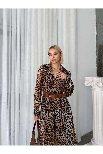 Olcay Φόρεμα σιφόν με Leopard Print V λαιμόκοψη - Πλισέ μέση και ζώνη καφέ 9247-E