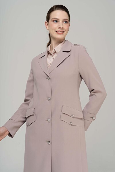 Olcay Men's Collar Epaulet Detailed Metal Buttoned Lined Top Coat STONE 6566