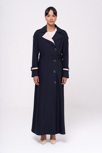 Olcay Garnished Epaulet and Double Collar Lined Topcoat Dark Blue 6556