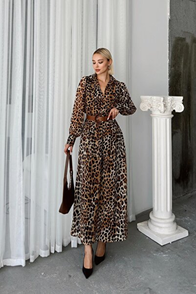 Olcay Šifonové šaty s leopardím výstřihem do V – hnědé se stahovací šňůrkou v pase a pásku 9247-E