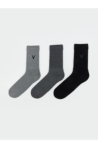 LC Waikiki Lcw Accessories Anthracite Embroidered Men's Socks 3-Piece