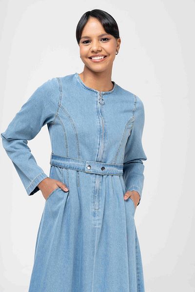 Olcay Rochie din denim evazată cu guler zero, cu fermoar, cu talie, ALBASTRĂ 9220-E