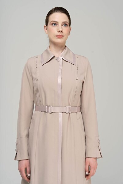 Olcay Shirt Collar Satin and Accessory Detailed Lined Top Coat BEIGE 6562